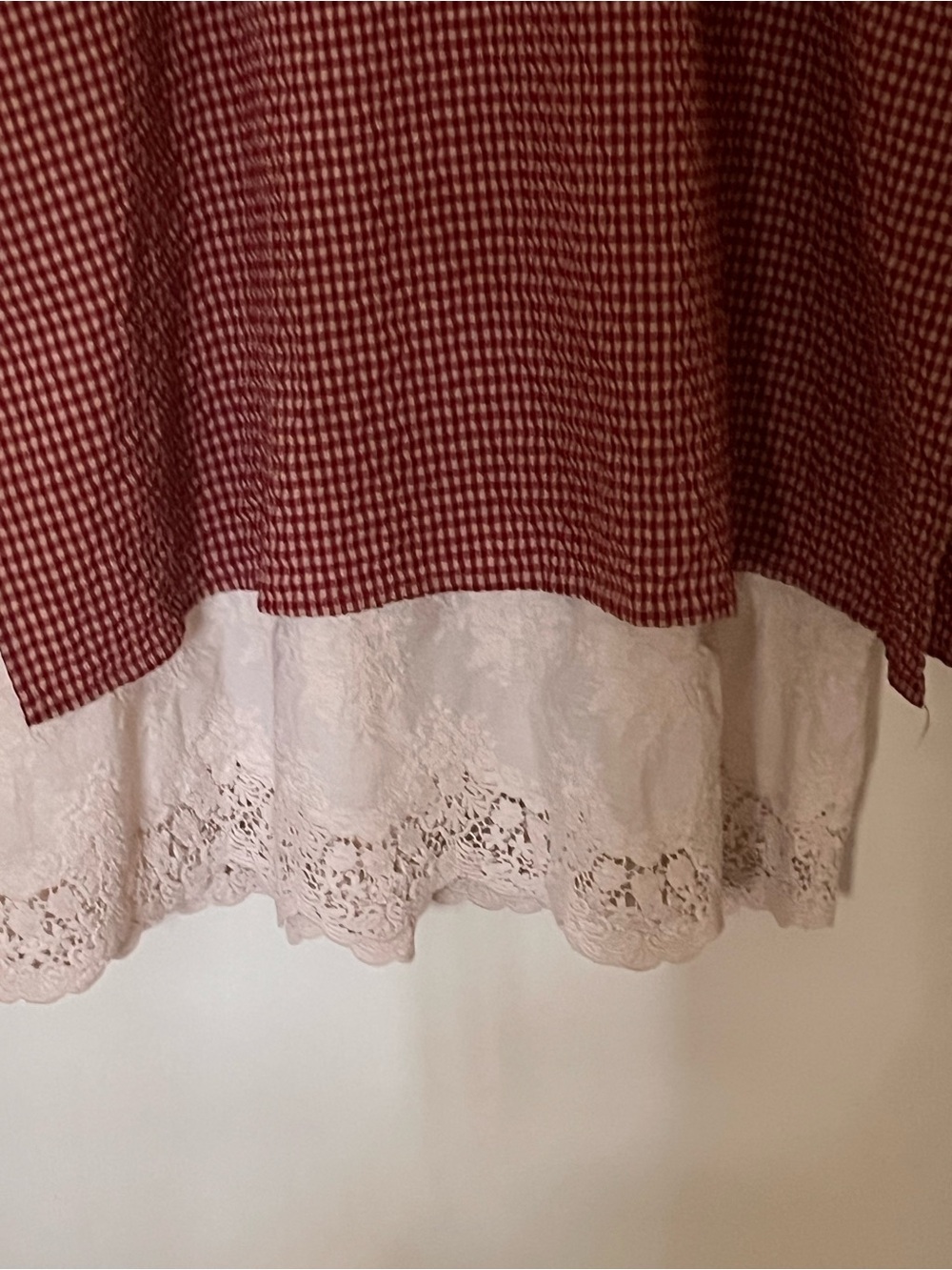 Vintage Handcrafted Red White Gingham Cotton Poplin Lace Layered Dress S-L - Picture 3 of 8